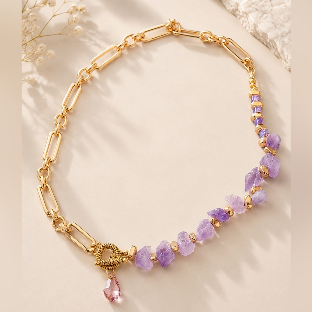 Golden Necklace with Genuine Swarovski pendant and Amethyst Beads